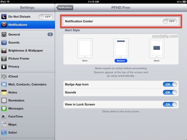 Отключение приложения Уведомления и предупреждения на iPad