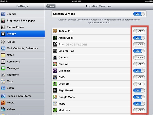 Отключить службы определения местоположения для приложений на iPad