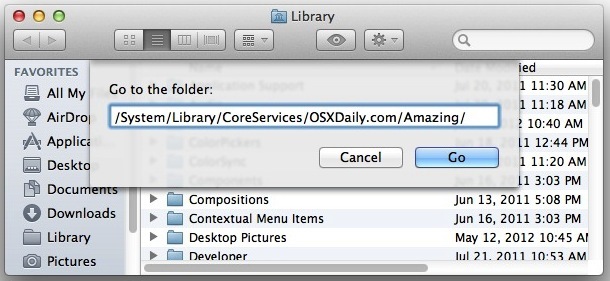 GO TO Folder позволяет вводить полный путь в Mac OS X