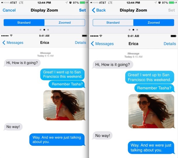 iPhone Zoomed vs Стандартный режим отображения для приложения «Сообщения»