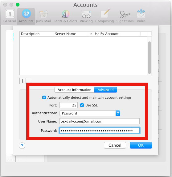 Исправить проблемы отправки почты SMTP в приложении Mac OS X Mail