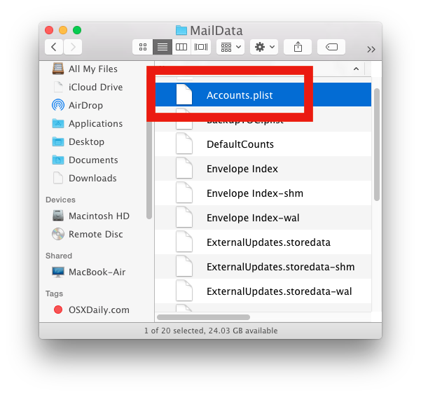 Изменить файл учетных записей почтовых учетных записей в Mac OS X