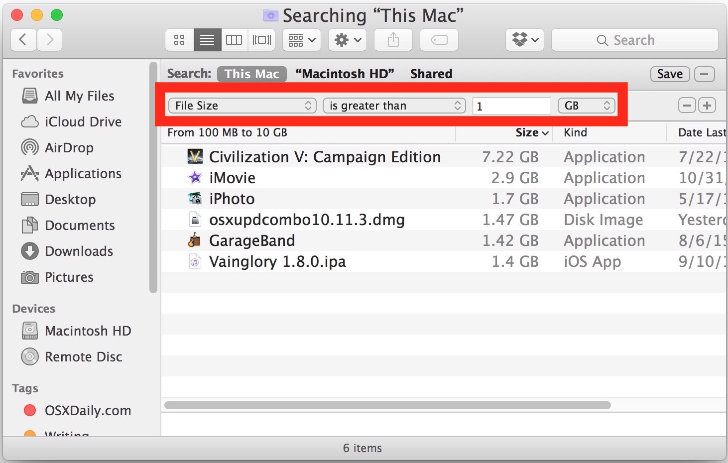 Поиск файлов большого размера в Mac OS X