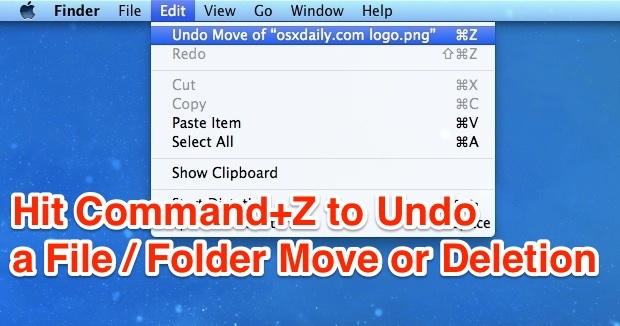 Отмените перемещение файла или папки / корзину, нажав Command-Z