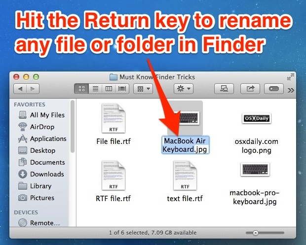 Клавиша возврата мгновенно переименует файл или папку