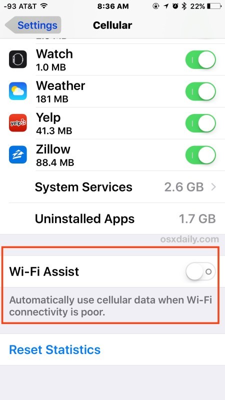 Отключить Wi-Fi Assist для уменьшения использования сотовых данных на iPhone