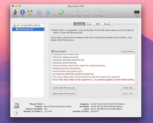 Восстановить диск в Mac OS X