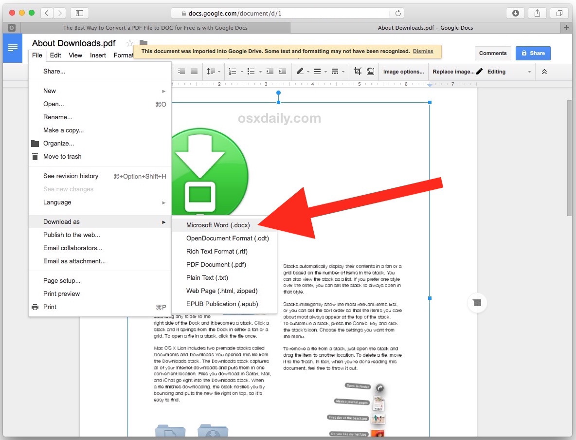 Преобразование PDF-файла в DOCX Word в Google Docs