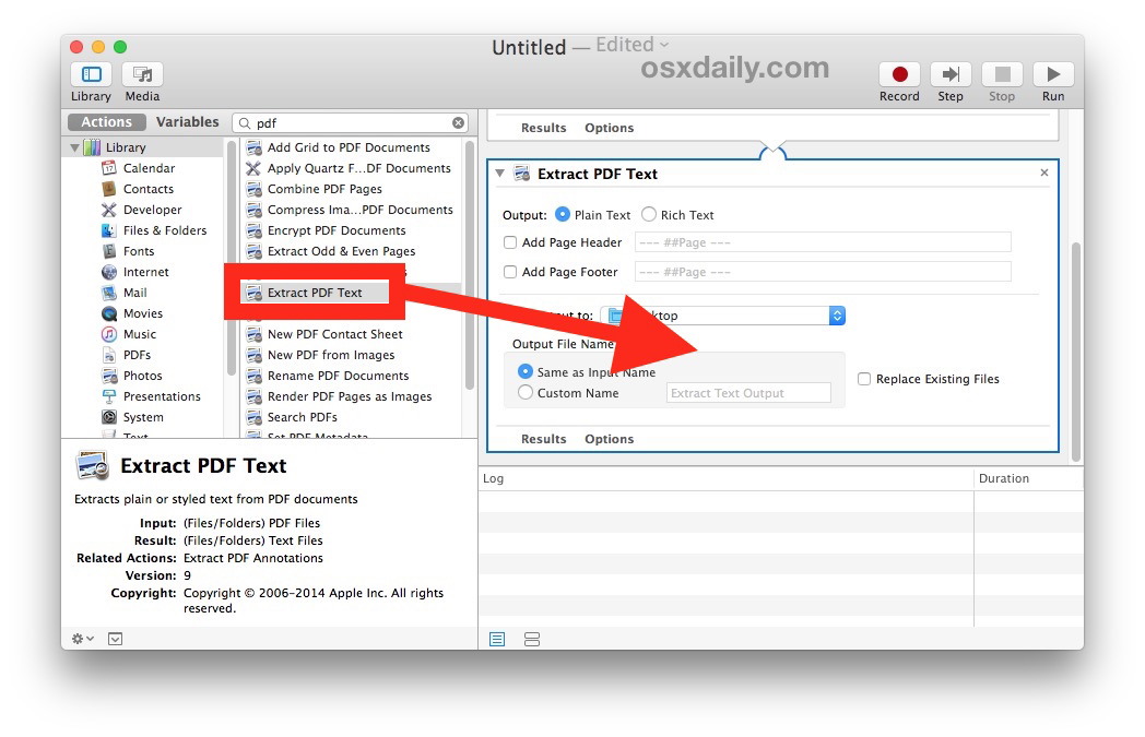Преобразование PDF в текстовый документ в Mac OS X с помощью Automator