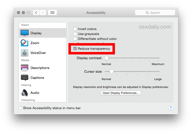 Отключить эффекты прозрачности в OS X Yosemite