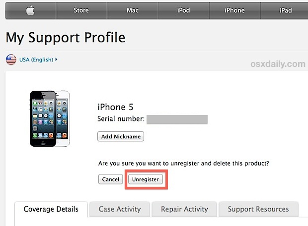Отменить регистрацию iPhone с помощью Apple