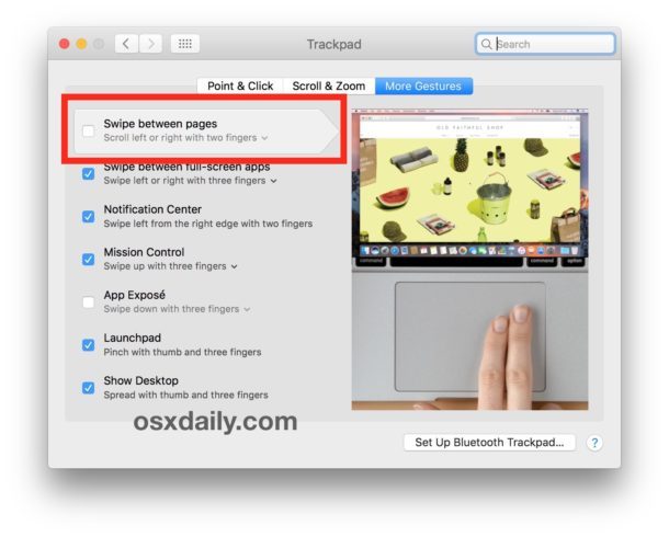 Выключить салфетки между жестов страниц на Mac