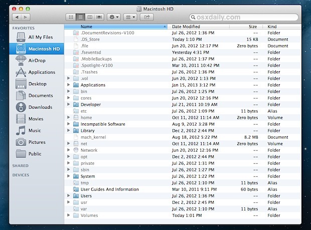 Полный список корневого каталога в Mac OS X Finder
