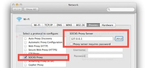Установка и использование прокси-сервера SOCKS в Mac OS X
