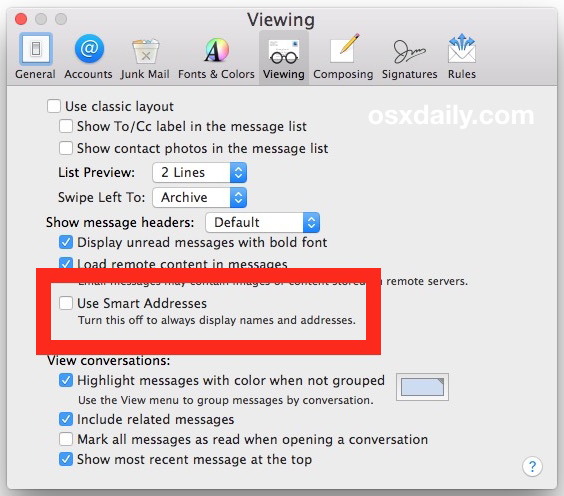 Отключите интеллектуальные адреса, чтобы увидеть полное имя и адрес в папке OS X Mail