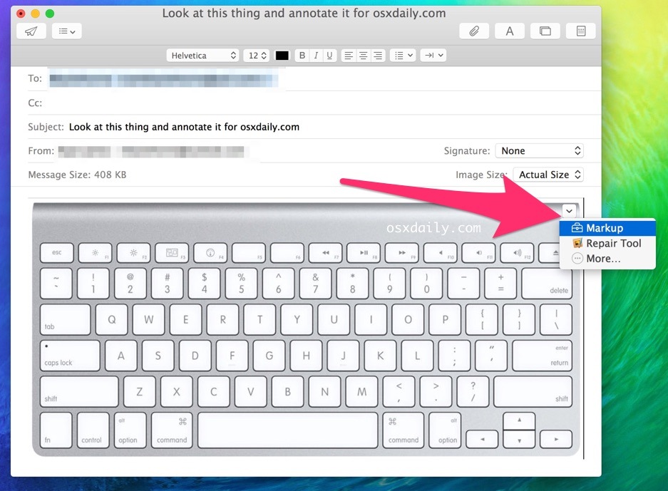 Доступ к функции MarkUp для аннотирования писем в приложении OS X Mail