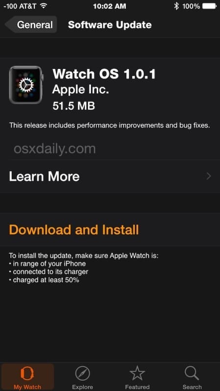 Обновление Apple Watch OS 1.0.1