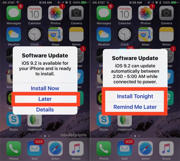 Обновление программного обеспечения iOS, которое можно установить автоматически позже ночью или напомнить позже
