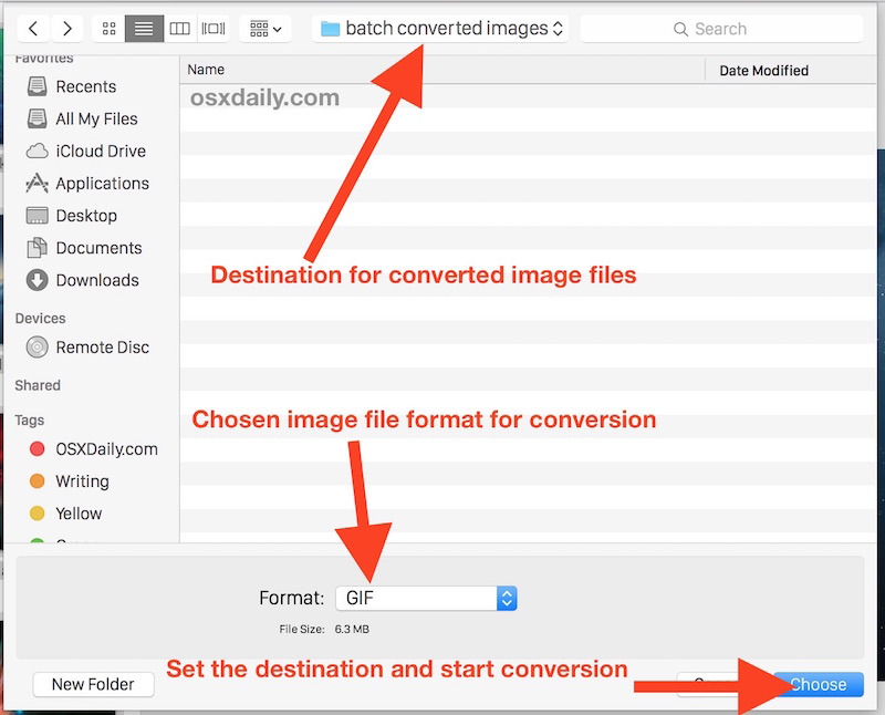 Задайте формат адресата и файла для преобразованных файлов изображений для конвертирования в, а затем начните преобразование в Preview for Mac OS X
