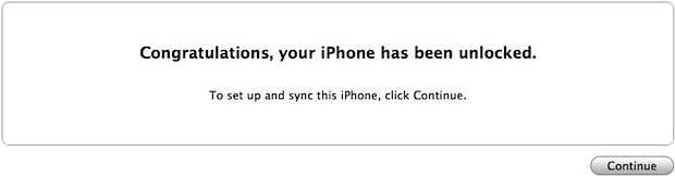 разблокировано iPhone 4S сообщение в iTunes