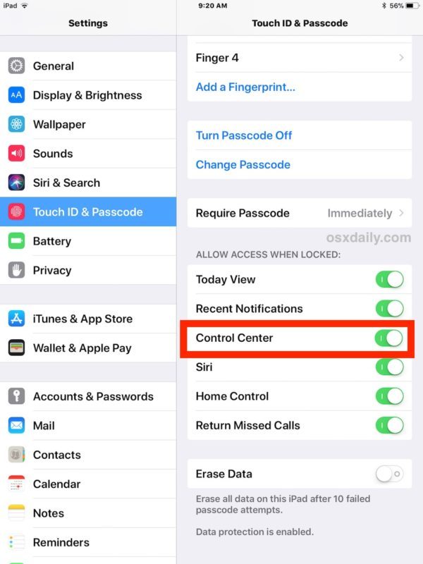 Включить Control Center из блокировки Доступ к экрану в iOS