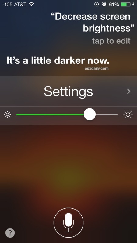 Изменение яркости дисплея на iPhone или iPad с помощью Siri