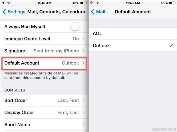 Изменение учетной записи электронной почты по умолчанию в приложении iOS Mail на iPhone, iPad и iPod touch.