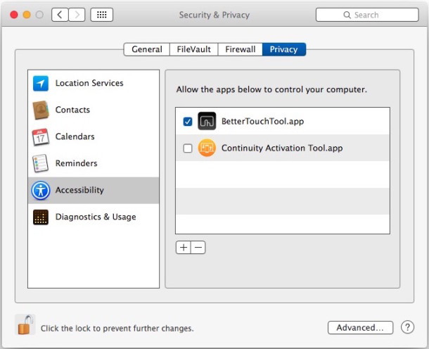 Разрешить доступ BetterTouchTool в OS X Предпочтения