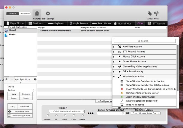 Настройки BetterTouchTool для изменения поведения зеленой кнопки в OS X