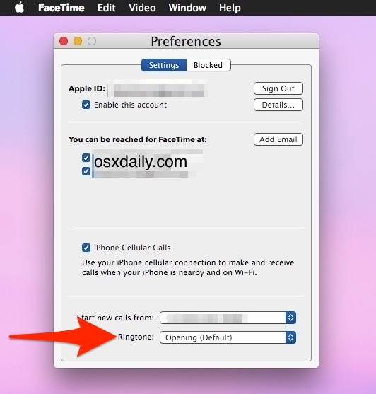 Изменение звука рингтонов FaceTime в Mac OS X