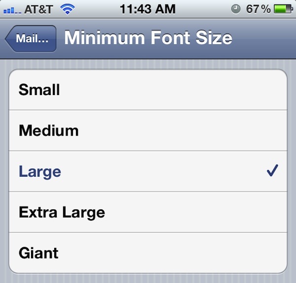 Размер шрифта почты на iPhone