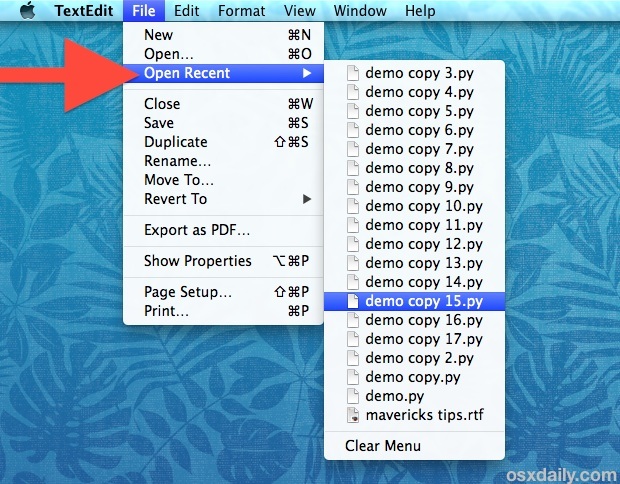 Измените значение «Открыть последний файл меню» в приложениях Mac OS X
