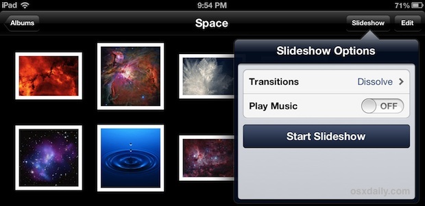 Изменение таймера слайд-шоу фотографий на iPad