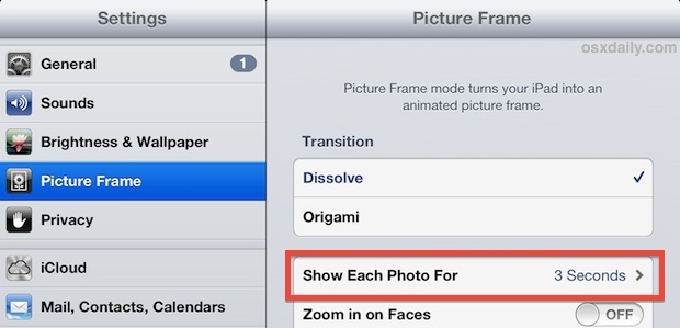 Измените таймер рамки изображения на iPad