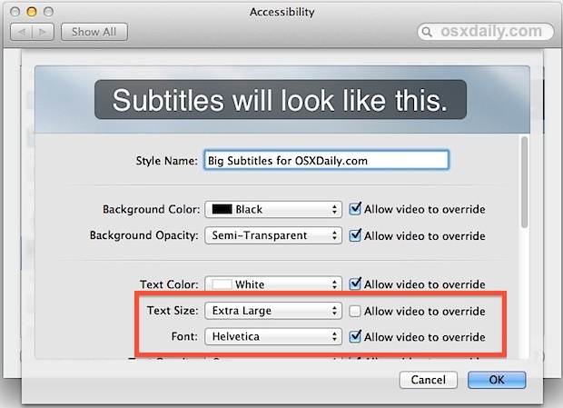 Изменение размера шрифта субтитров в видео Mac OS X