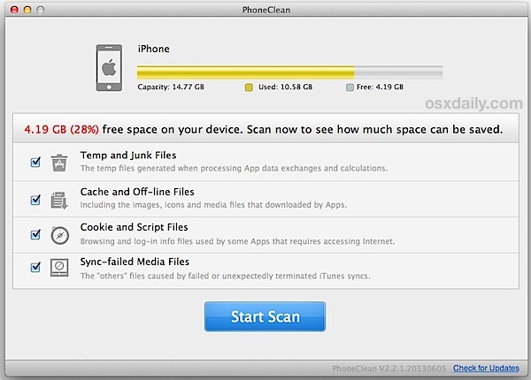 Сканирование iPhone или iPad для временных файлов и кешей приложений