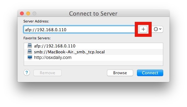Добавление сервера с часто используемым доступом в список избранного сервера в Mac OS X