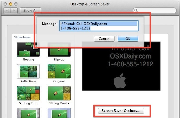 Настройка сообщения экранной заставки в Mac OS X