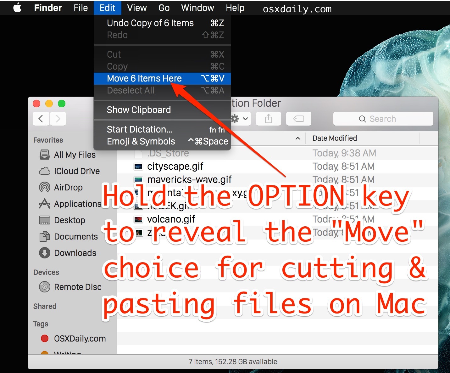 Вырезать и вставлять файлы в Mac OS X с помощью опции модификатора Move