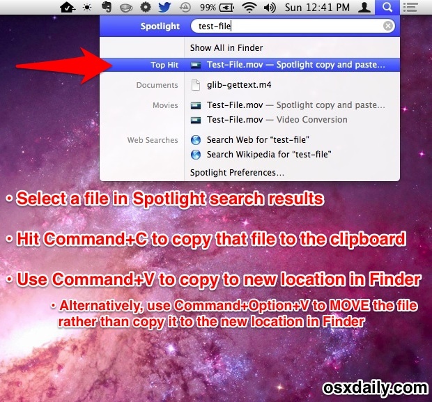 Скопируйте файл из Spotlight в Mac OS X