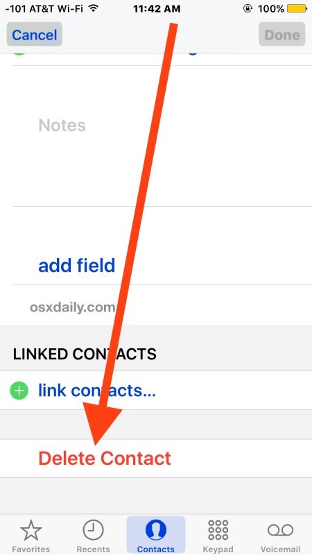 Удаление контакта с iPhone с помощью приложения iOS в приложении «Контакты»