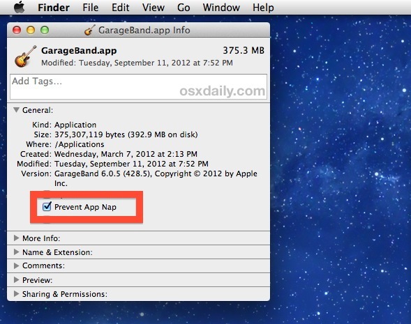 Отключите приложение Nap на основе каждого приложения в OS X