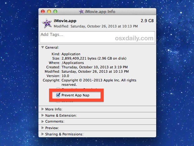 Отключить приложение Nap за приложение в Mac OS X
