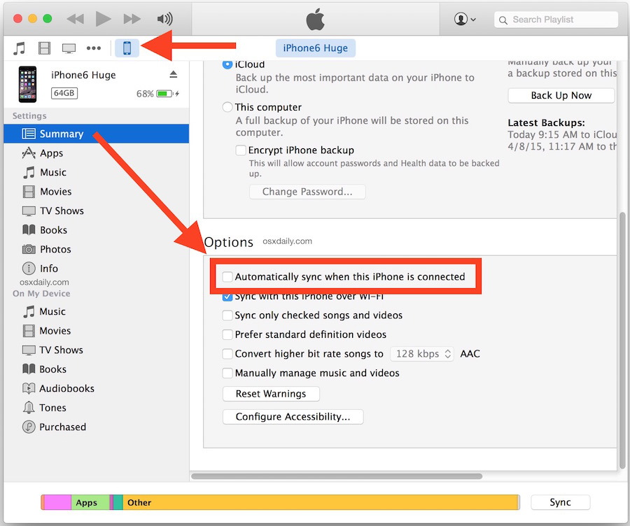 Прекратить автоматическую синхронизацию iTunes с iPhone или iPad