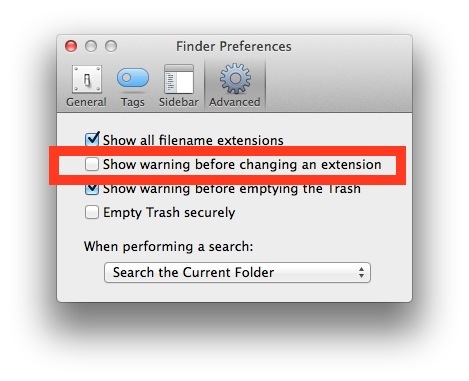 Остановить предупреждение изменения расширения файла в OS X Finder