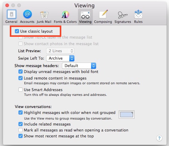 Используйте классическую раскладку в приложении Mail для Mac OS X, чтобы отключить жестов салфетки