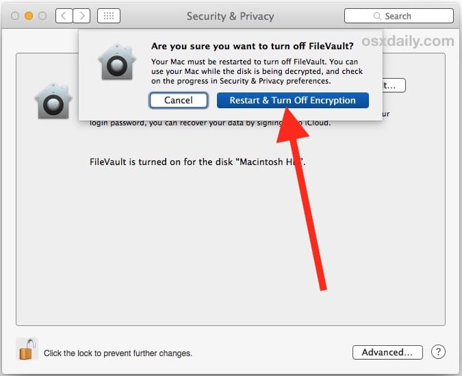 Расшифруйте диск и перезагрузите Mac, чтобы отключить FileVault