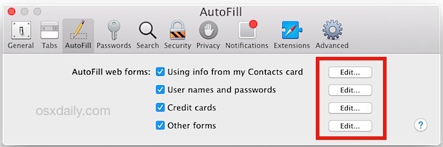 Редактировать информацию о автозаполнении в Safari для OS X