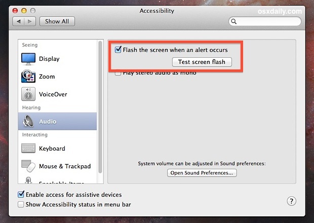 Вспышка экрана для предупреждений в Mac OS X