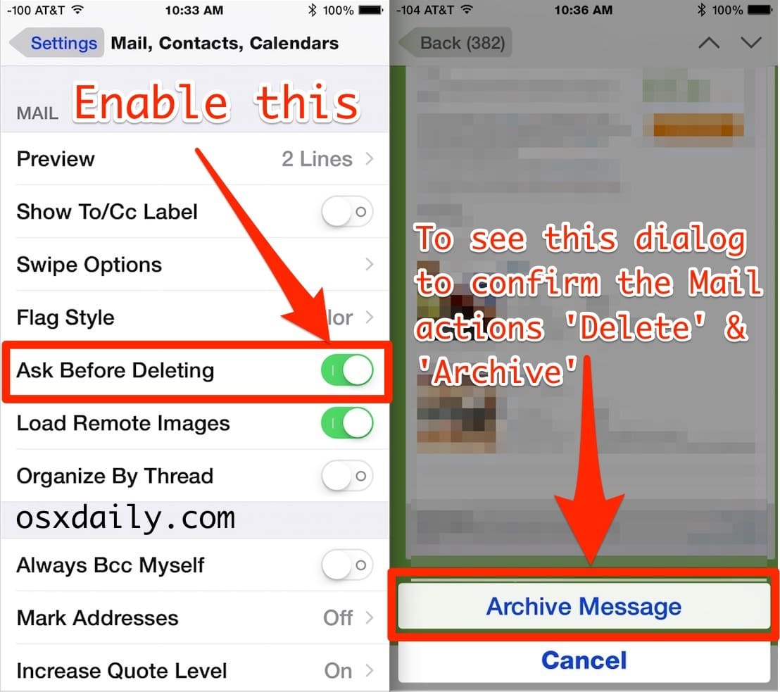 Включить блок подтверждения для архивирования или удаления сообщений в приложении iOS для почты